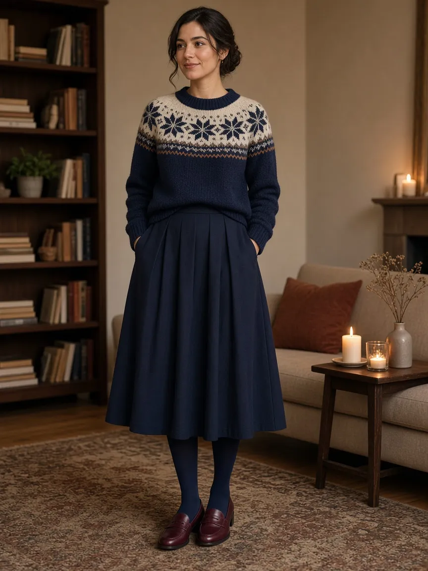 Woman in a navy Fair Isle sweater with a cream snowflake yoke, navy pleated midi skirt, navy tights and burgundy loafers in a candlelit living room