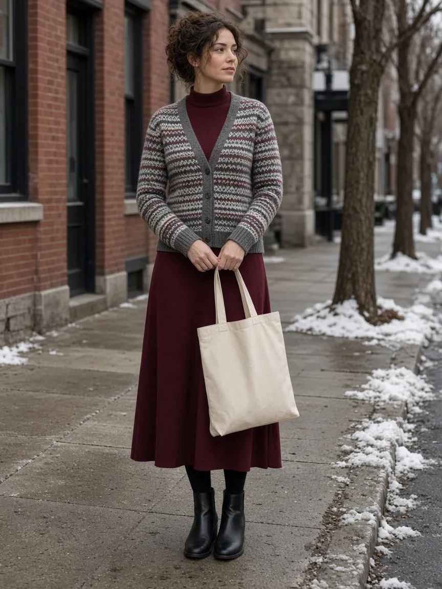 Woman in a grey and burgundy Fair Isle cardigan over a burgundy turtleneck knit maxi dress with black tights and ankle boots, holding a canvas tote on a winter sidewalk
