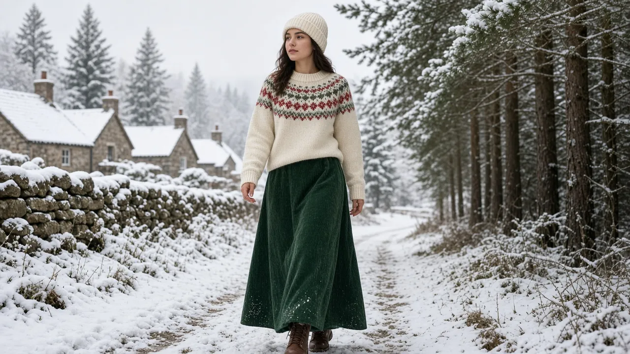 Woman in a cream Fair Isle yoke sweater with a red and green snowflake pattern, a forest green corduroy maxi skirt, brown lace-up boots and a cream beanie on a snowy village path