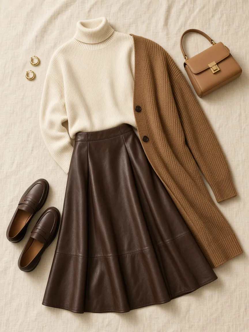 Flat lay of a chocolate brown faux leather maxi skirt with an ivory turtleneck, a long camel cardigan, brown leather loafers, gold hoop earrings and a small tan handbag