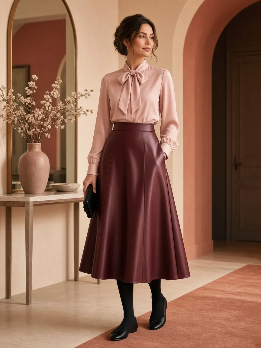 Woman in an elegant entryway wearing a burgundy faux leather flared midi skirt, a blush long-sleeve bow blouse, black tights and black ballet flats, holding a clutch