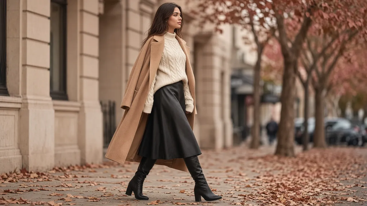 Woman walking down an autumn city sidewalk in a black faux leather A-line midi skirt, cream cable-knit turtleneck sweater, black knee-high boots and a long camel wool coat