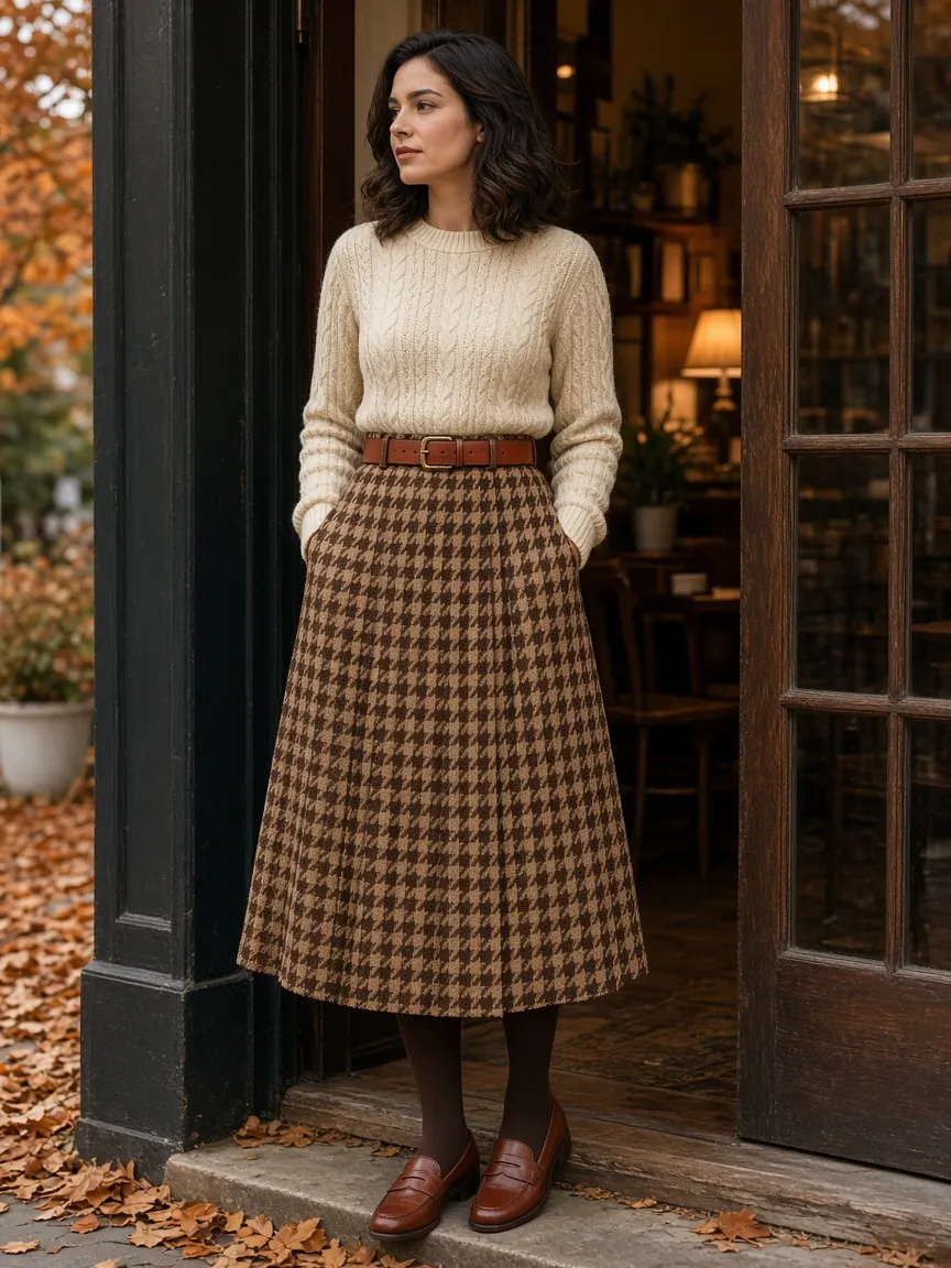 Woman in a brown and camel houndstooth pleated midi skirt with a cream cable-knit sweater, cognac belt, tights and brown loafers in an autumn cafe doorway