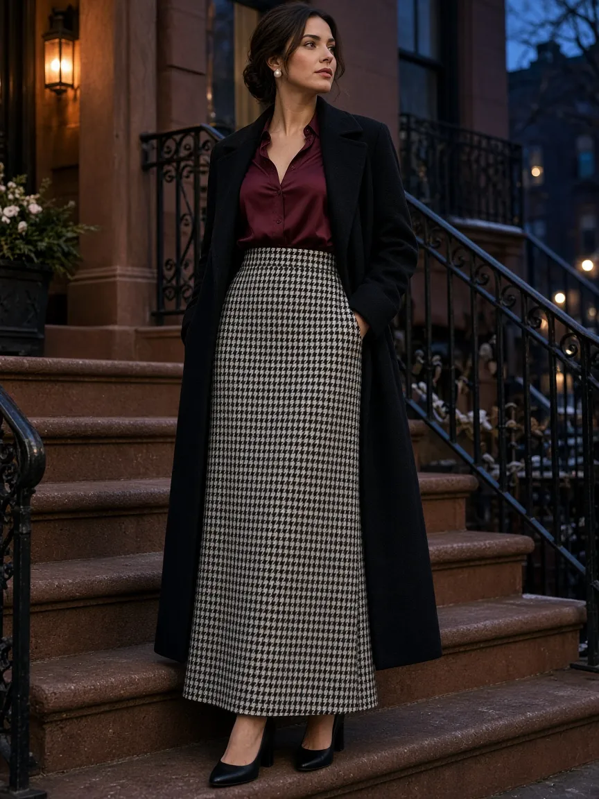 Woman in a black and white houndstooth straight maxi skirt with a burgundy silky blouse, long black wool coat, black pumps and pearl earrings on a brownstone stoop on a winter evening