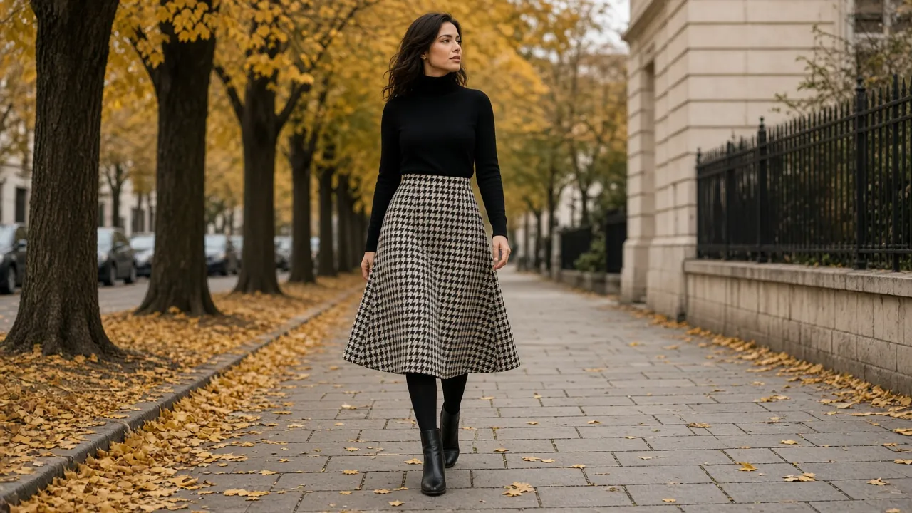 Woman in a black and cream houndstooth A-line midi skirt with a black turtleneck, black tights and ankle boots on an autumn tree-lined sidewalk