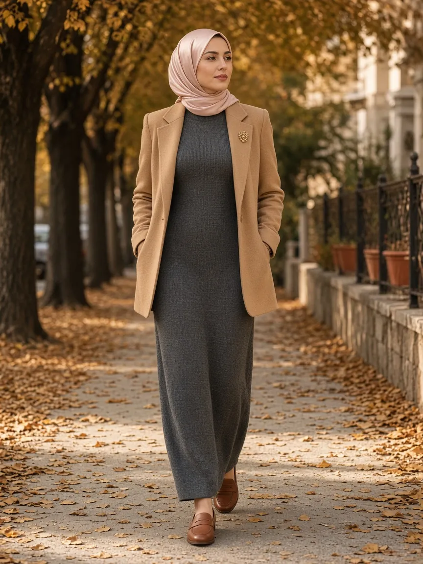 Woman walking on an autumn sidewalk on Shabbos morning in a charcoal knit maxi dress, a camel blazer with a gold brooch, brown loafers and a blush headscarf