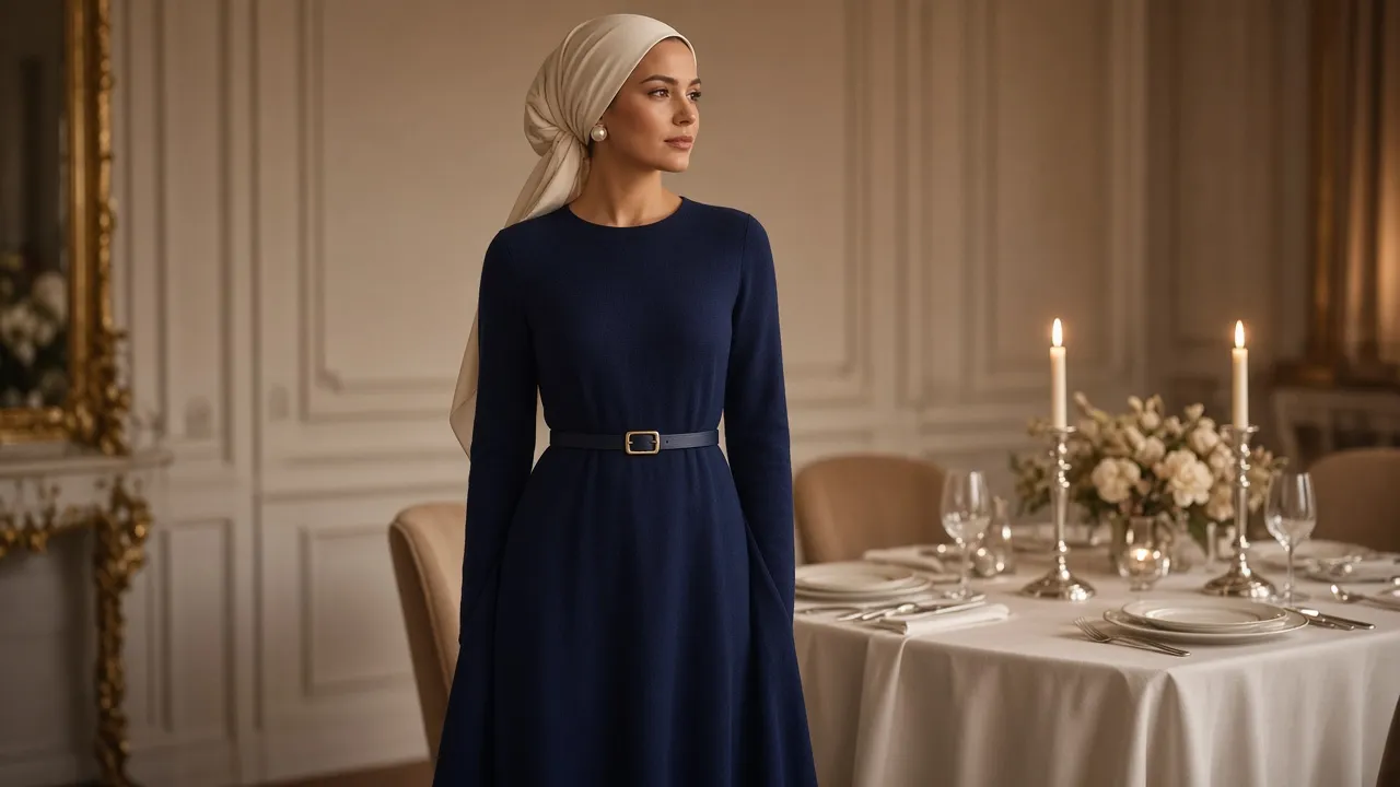 Woman beside a Friday night table with lit candles, wearing a navy fine-knit maxi dress with a thin gold-buckle belt, pearl studs and a cream silk headscarf