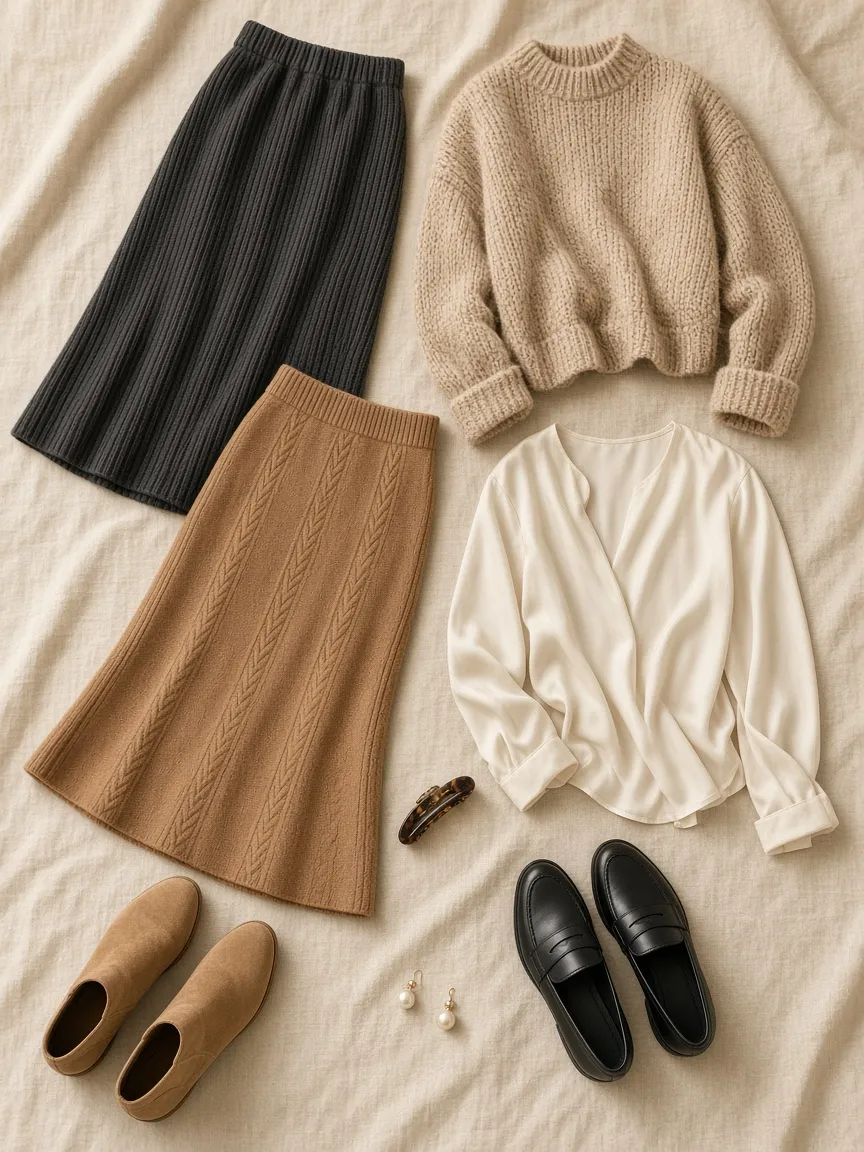 Flat lay of a charcoal ribbed knit skirt and a camel cable knit skirt with an oatmeal chunky sweater, ivory silk blouse, tan suede ankle boots, black loafers, pearl earrings and a tortoiseshell clip