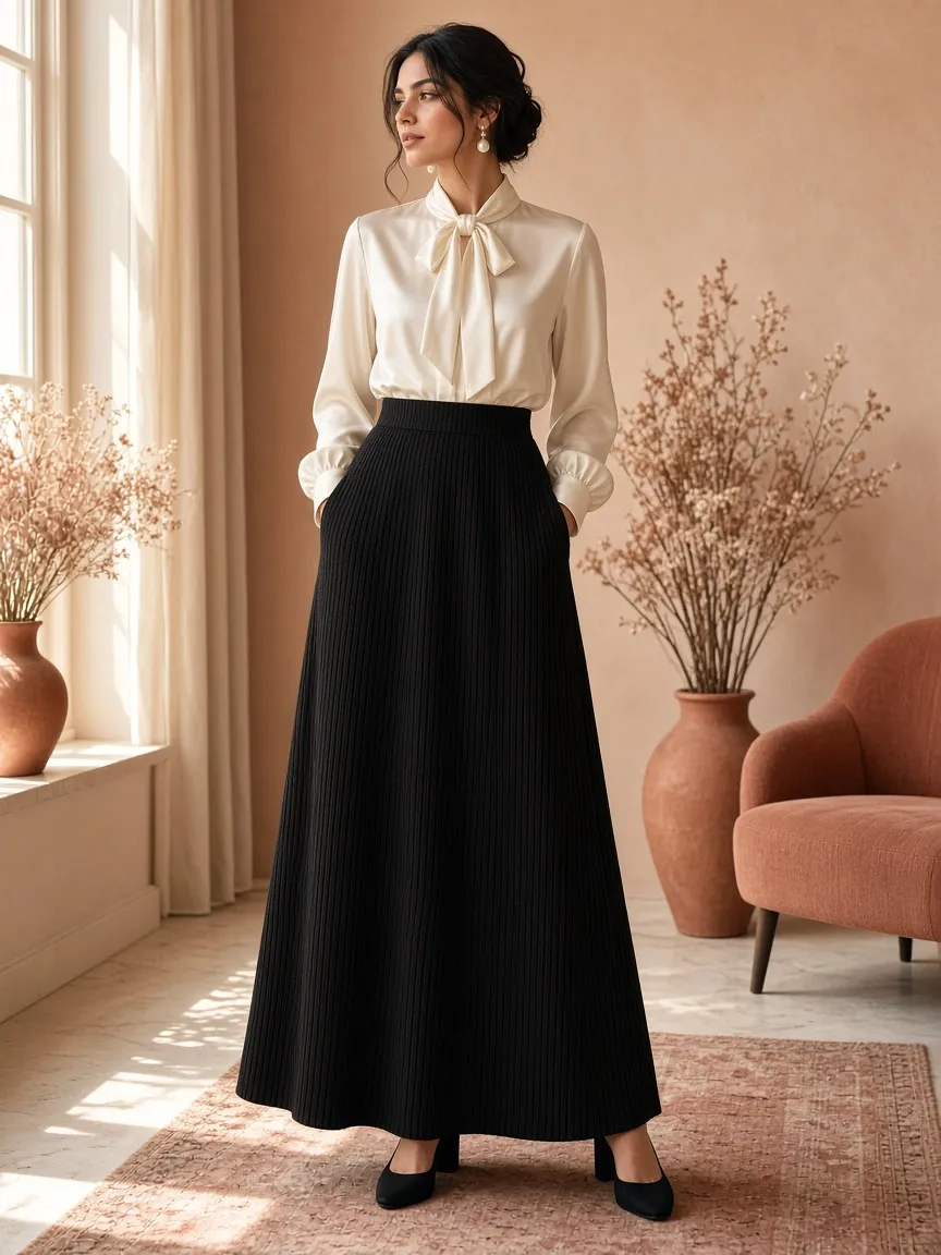 Woman by a sunny window wearing a long black ribbed knit skirt with a tucked-in ivory satin bow-collar blouse, pearl earrings and black block heels