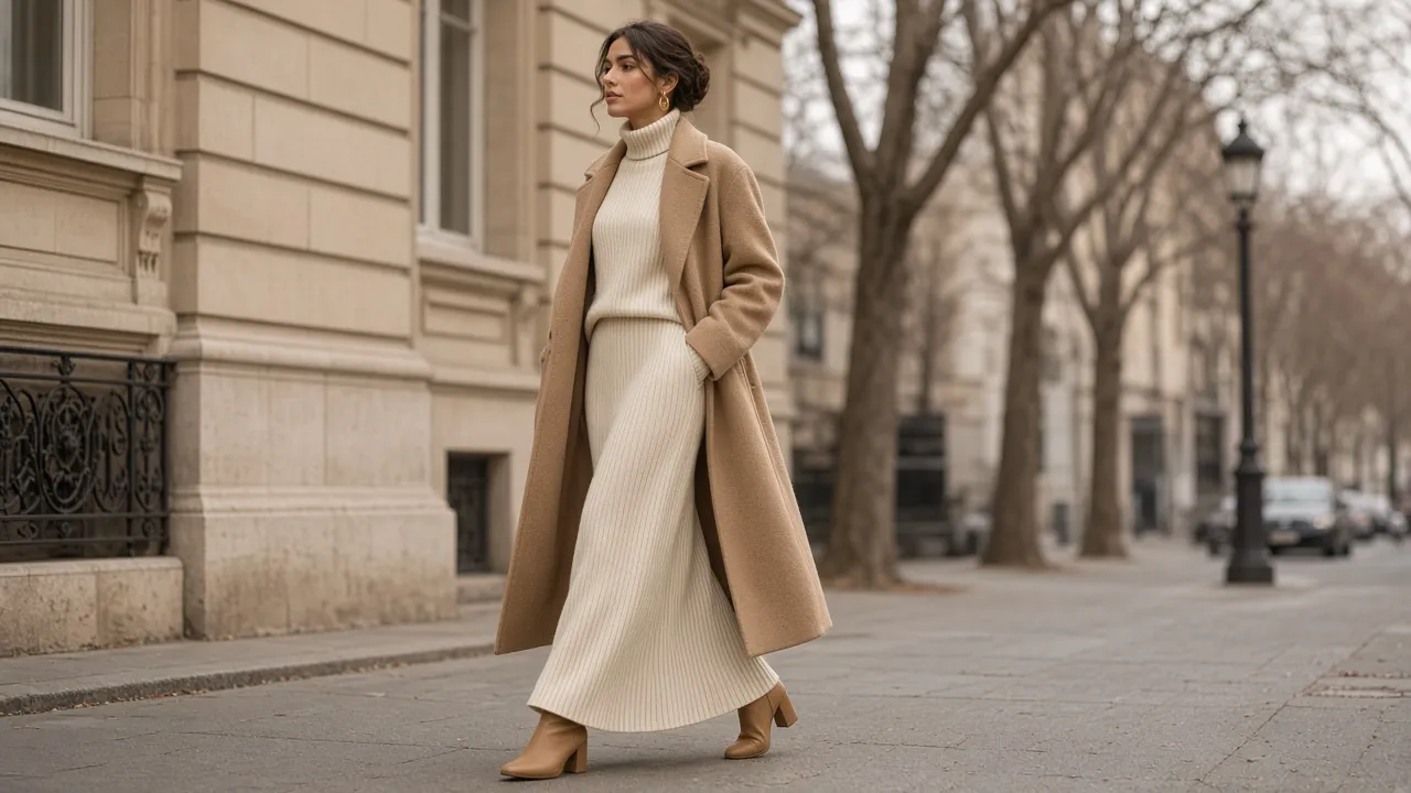 Woman walking on a winter city street in a long cream ribbed knit skirt with a matching cream turtleneck sweater, long camel wool coat, tan ankle boots and gold hoops