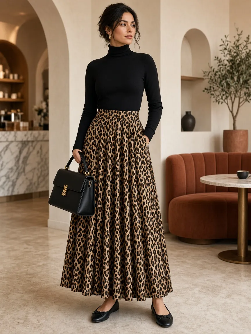 Woman in a leopard print pleated maxi skirt with a black long-sleeve turtleneck, black ballet flats and a structured black handbag in a cream cafe with a terracotta velvet banquette
