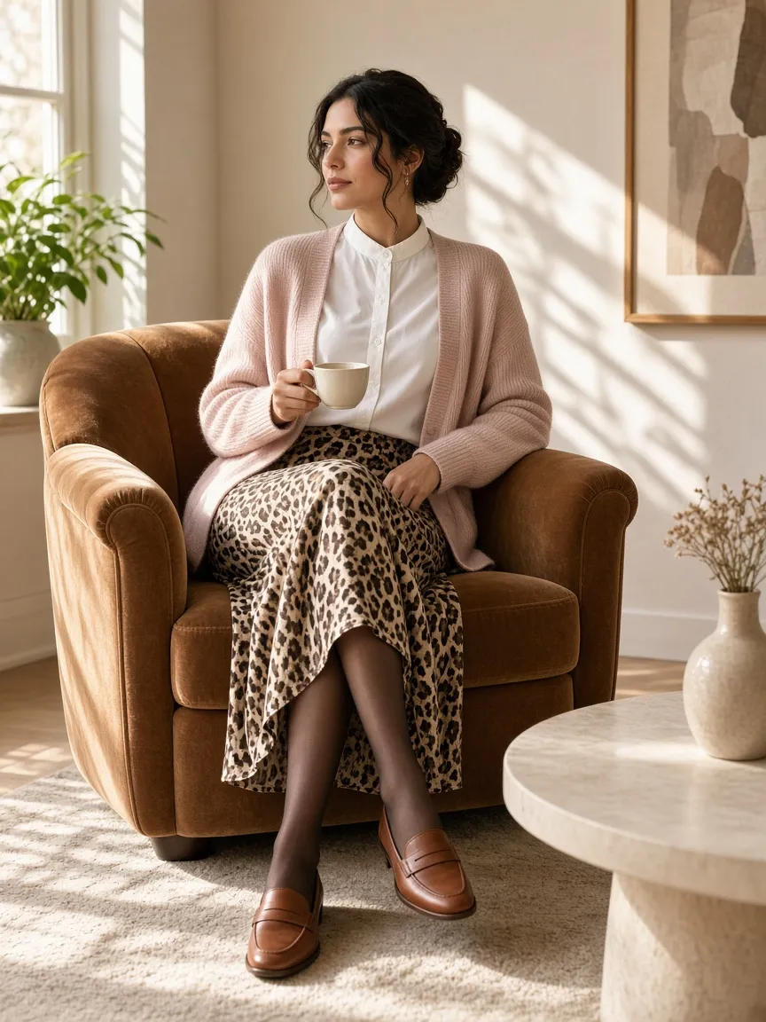 Woman in a leopard print midi skirt, white high-collar blouse, blush cardigan, dark sheer tights and cognac loafers, seated with a coffee cup in a camel velvet armchair in a sunny living room