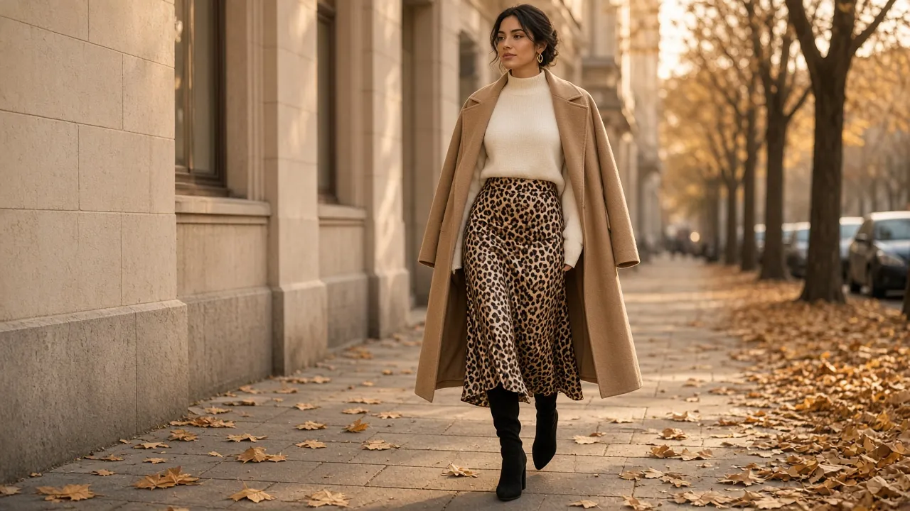 Woman in a leopard print satin midi skirt, cream high-neck knit sweater, camel wool coat over her shoulders and black suede knee-high boots walking on an autumn sidewalk with fallen leaves