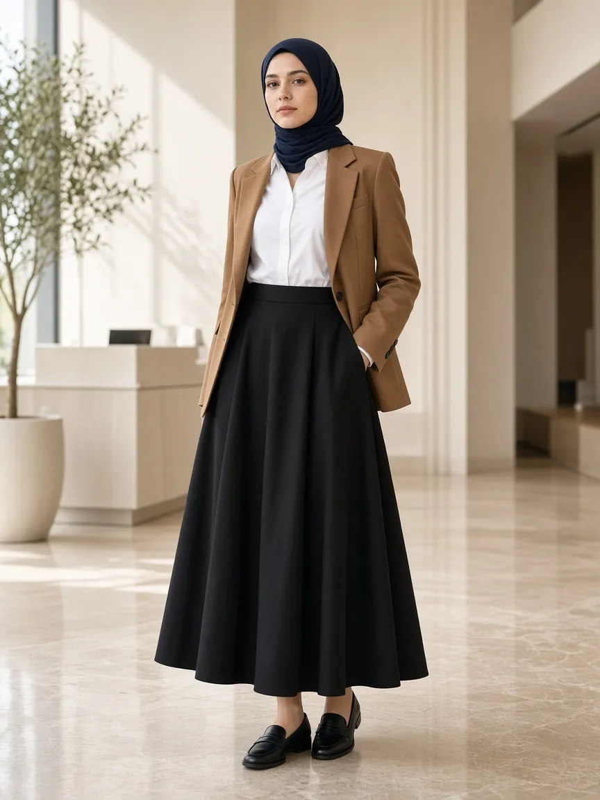 Woman in a cream office lobby wearing a black A-line maxi skirt, a white button-down shirt, a camel blazer, black loafers and a navy snood