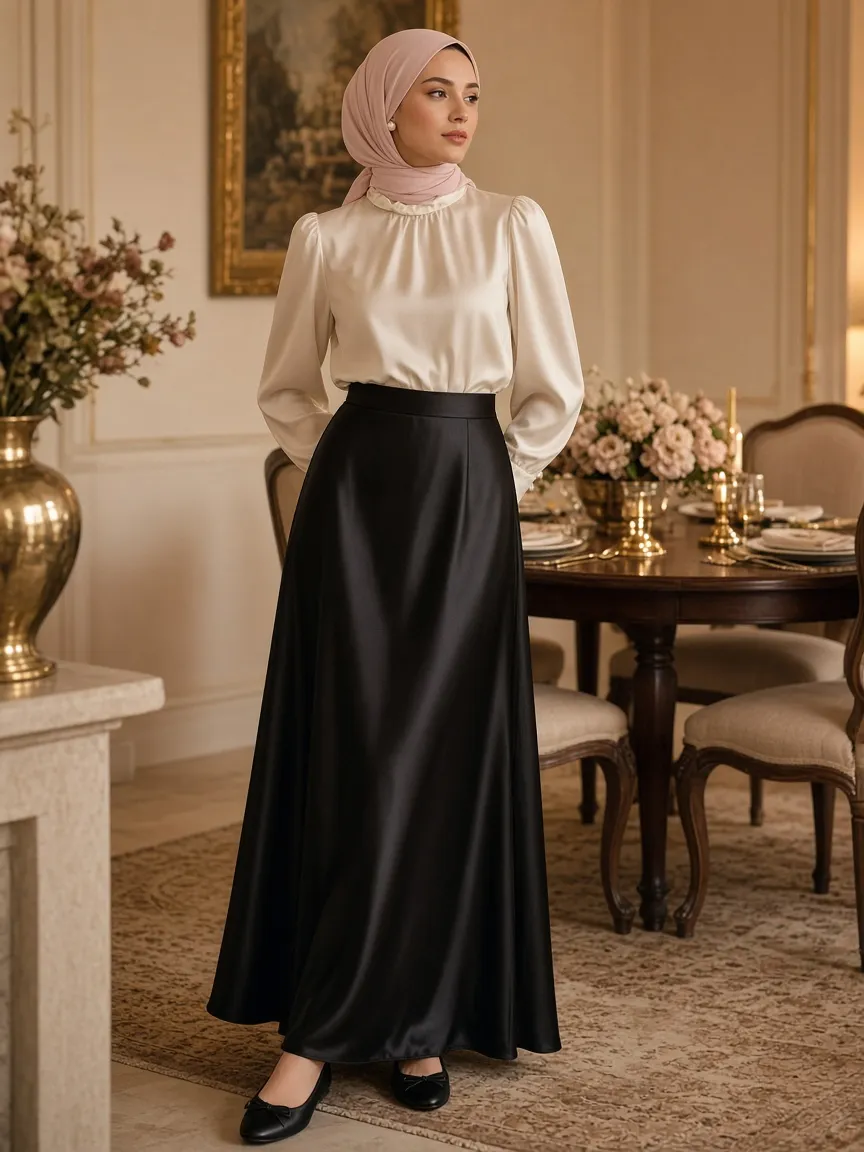 Woman in a warmly lit dining room wearing a black satin maxi skirt, a cream silk high-neck blouse, pearl earrings, black ballet flats and a blush headscarf