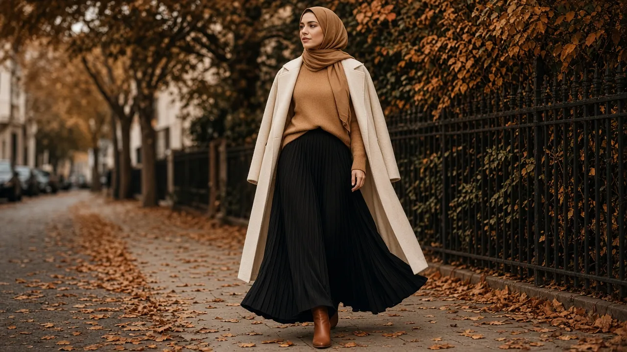 Woman walking on an autumn street in a black pleated maxi skirt, a camel sweater, an open cream wool coat, brown ankle boots and a camel headscarf