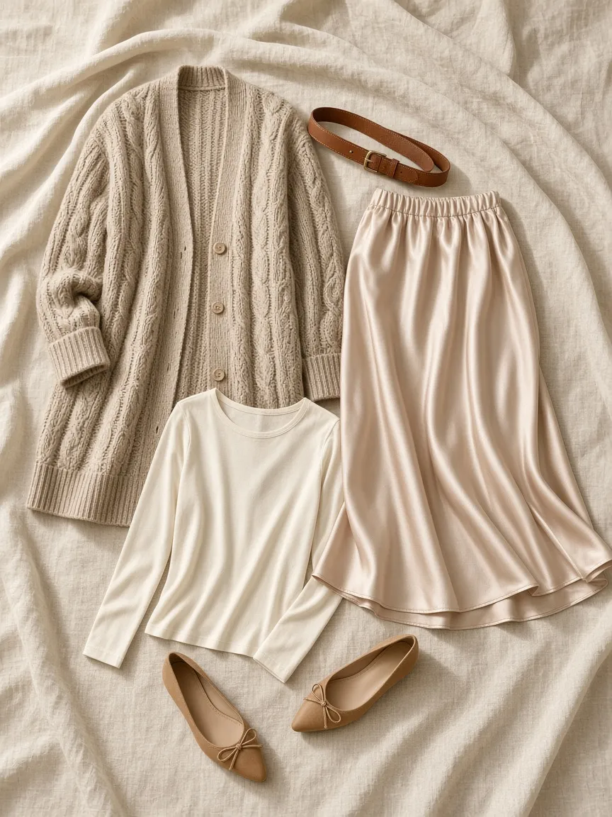Flat lay of an oatmeal cable-knit long cardigan, brown leather belt, champagne satin skirt, ivory top and camel ballet flats