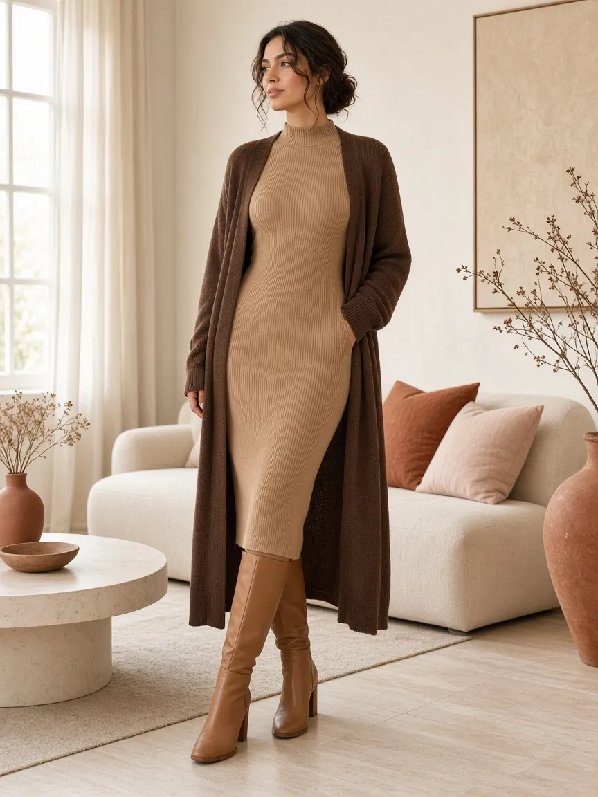 Woman in an open chocolate long cardigan over a high-neck camel sweater dress with tan knee boots in a cream living room