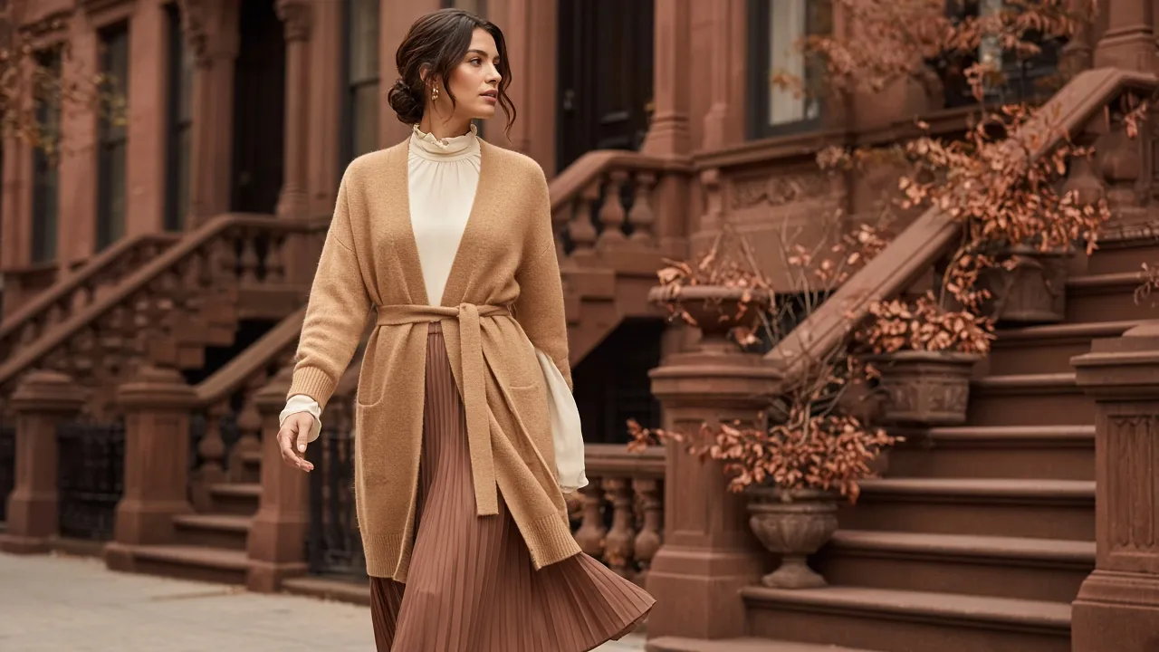 Woman in a belted camel long cardigan, cream high-neck blouse and brown pleated midi skirt walking past autumn brownstones