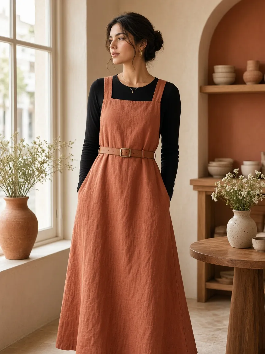 Woman in a black long-sleeve crew tee under a sleeveless terracotta linen pinafore maxi dress with a tan belt in a cafe