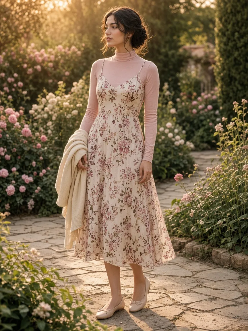 Woman in a blush long-sleeve mock-neck tee under a sleeveless floral midi dress with a cream cardigan over her arm and ballet flats in a garden at golden hour