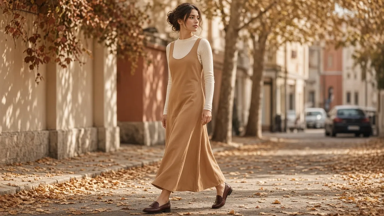 Woman in a cream long-sleeve ribbed tee layered under a sleeveless camel midi slip dress with brown loafers on an autumn street