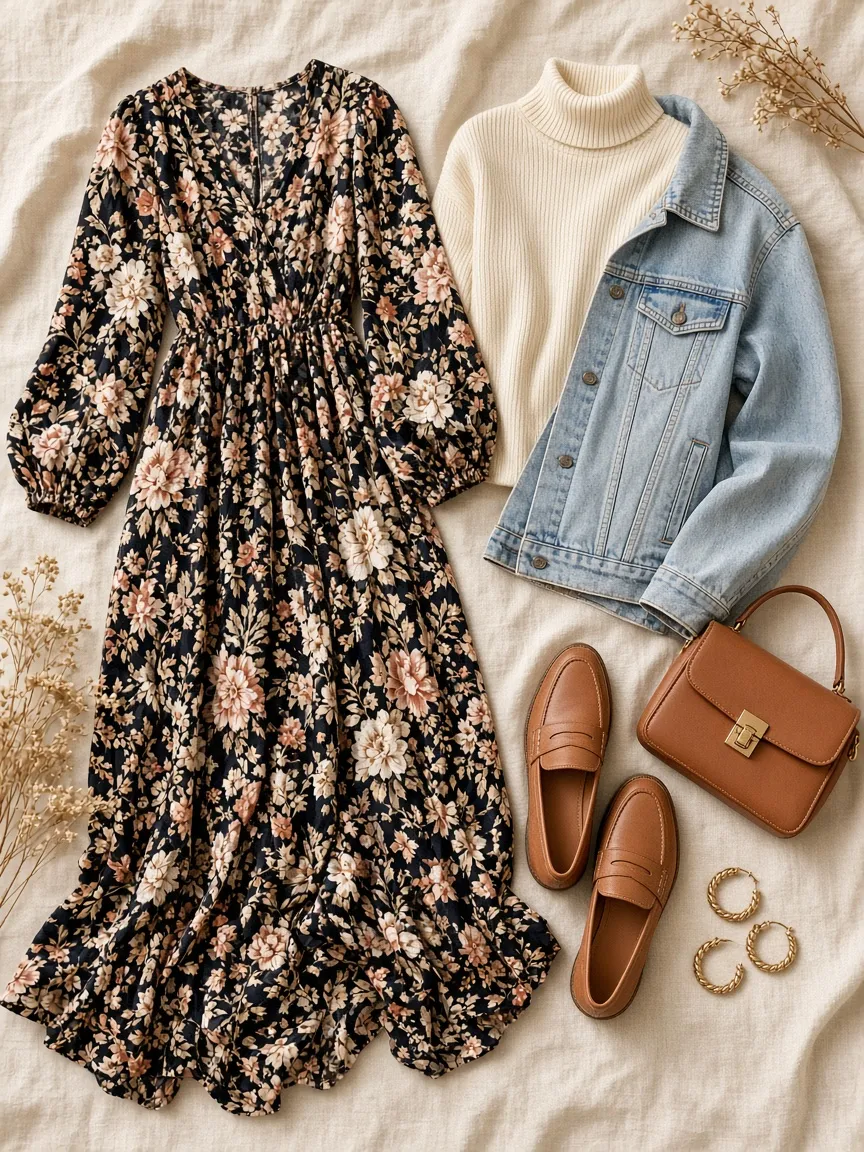 Flat lay of a dark floral maxi dress with a cream ribbed turtleneck, a light denim jacket, tan leather loafers, gold hoop earrings and a camel handbag