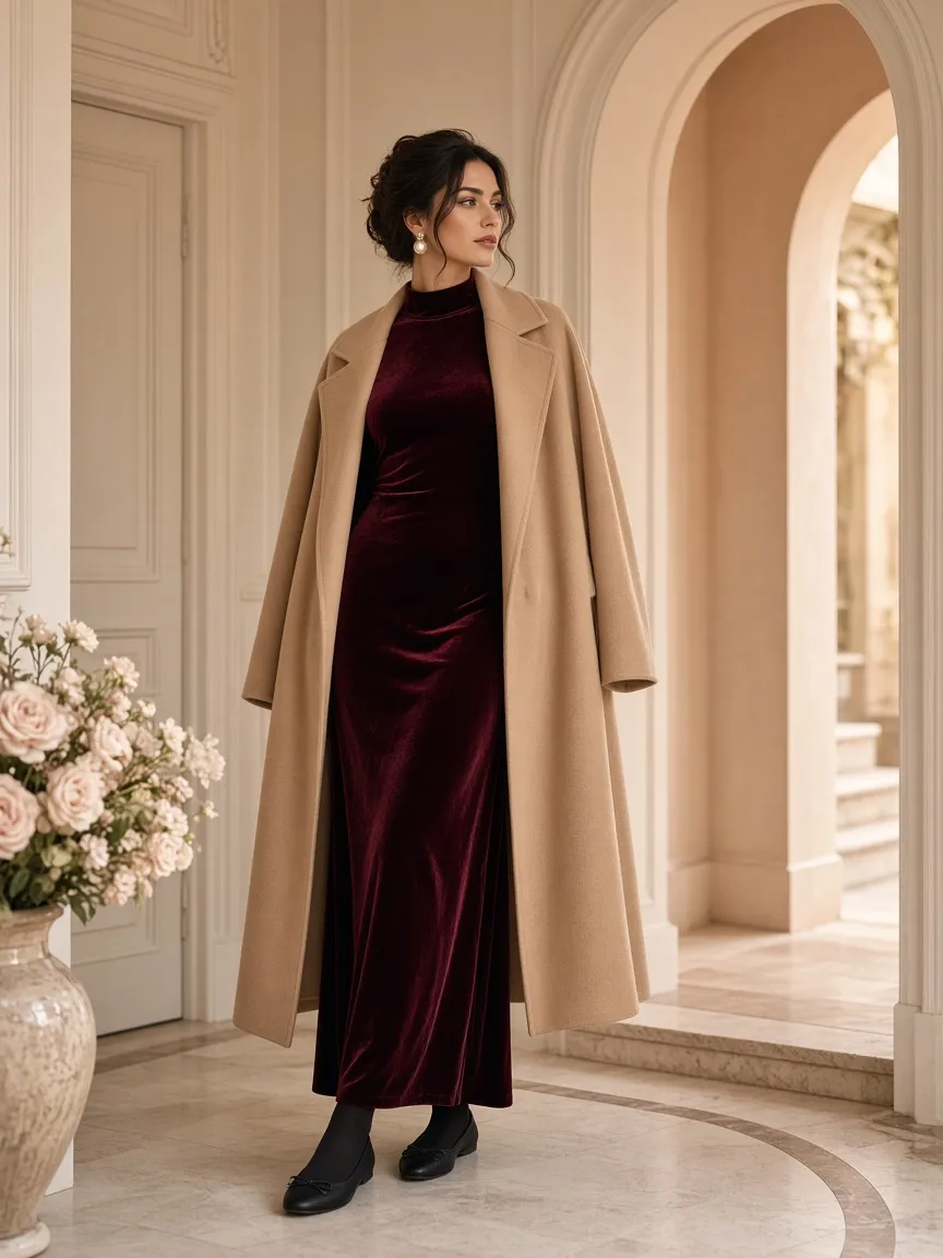 Woman in an elegant entryway wearing a burgundy velvet long-sleeve maxi dress, black tights, black ballet flats and a long camel wool coat over her shoulders