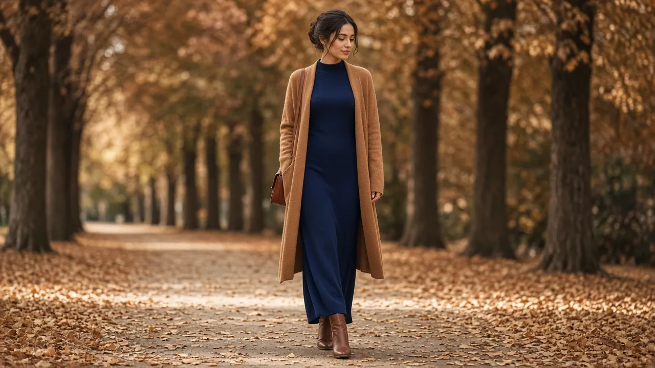 Woman walking on a leaf-covered autumn path in a navy long-sleeve knit maxi dress, a long camel cardigan and brown leather ankle boots