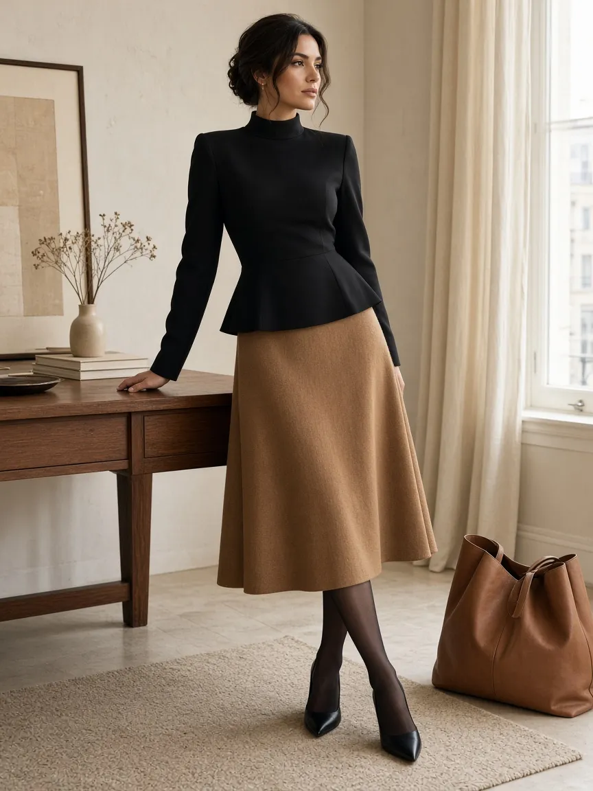 Woman in a black long-sleeve mock-neck peplum blouse, camel wool A-line midi skirt, sheer black tights and black pointed pumps, leaning on a wooden desk in a bright cream office with a cognac leather tote
