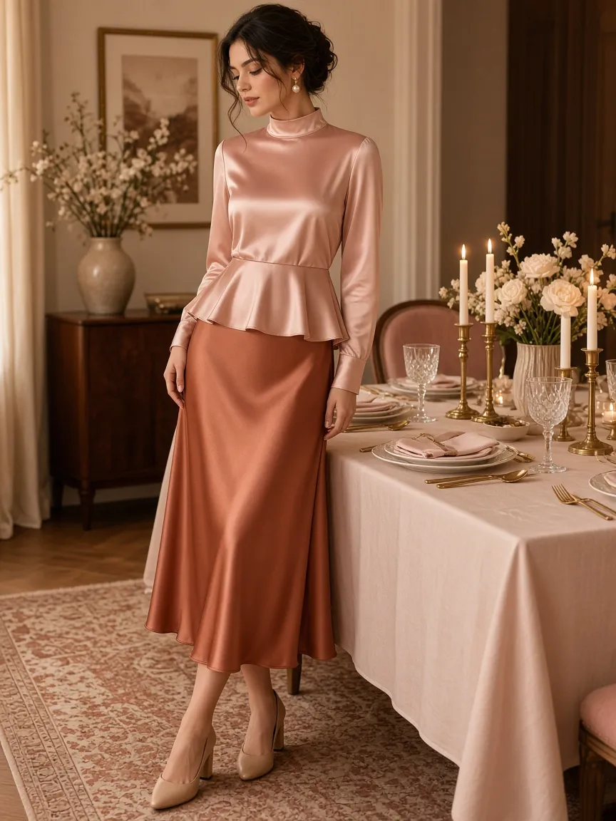 Woman in a blush satin long-sleeve high-neck peplum top, terracotta satin midi skirt, nude block heels and pearl earrings beside a candlelit Shabbos dinner table with white flowers