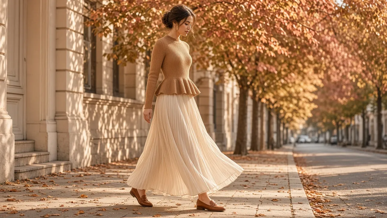 Woman in a camel ribbed knit long-sleeve high-neck peplum top over a flowing cream pleated maxi skirt and cognac loafers, walking on a sunlit autumn city sidewalk