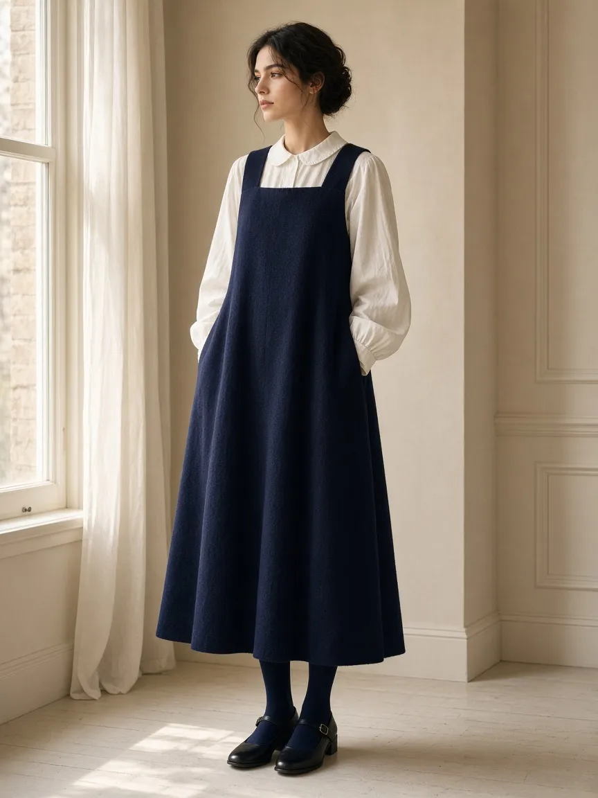Woman in a navy wool maxi pinafore dress over a white Peter Pan collar blouse with navy tights and black Mary Janes by a window