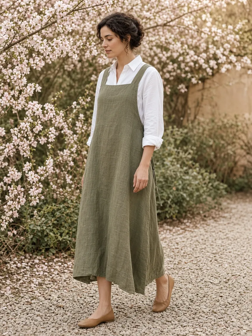 Woman in an olive linen maxi pinafore dress over a white button-down shirt with tan ballet flats in a spring garden
