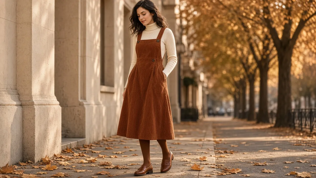 Woman in a rust corduroy midi pinafore dress over a cream ribbed turtleneck with brown tights and loafers on an autumn street