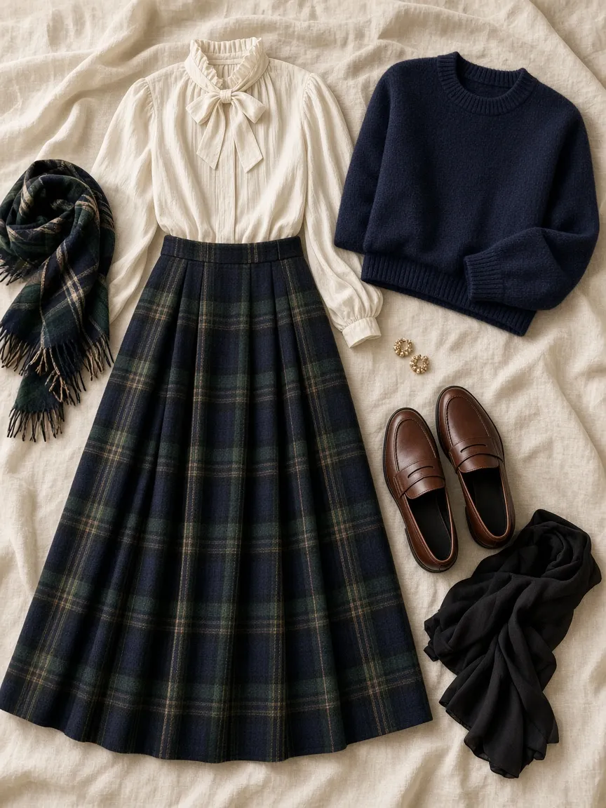 Flat lay of a long navy and green tartan skirt with a cream bow blouse, a navy crewneck sweater, brown loafers, black tights, a plaid scarf and gold earrings
