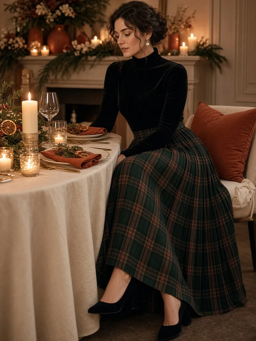 Woman at a candlelit holiday table wearing a deep green tartan pleated maxi skirt, a long-sleeve black velvet turtleneck, pearl earrings and black heels