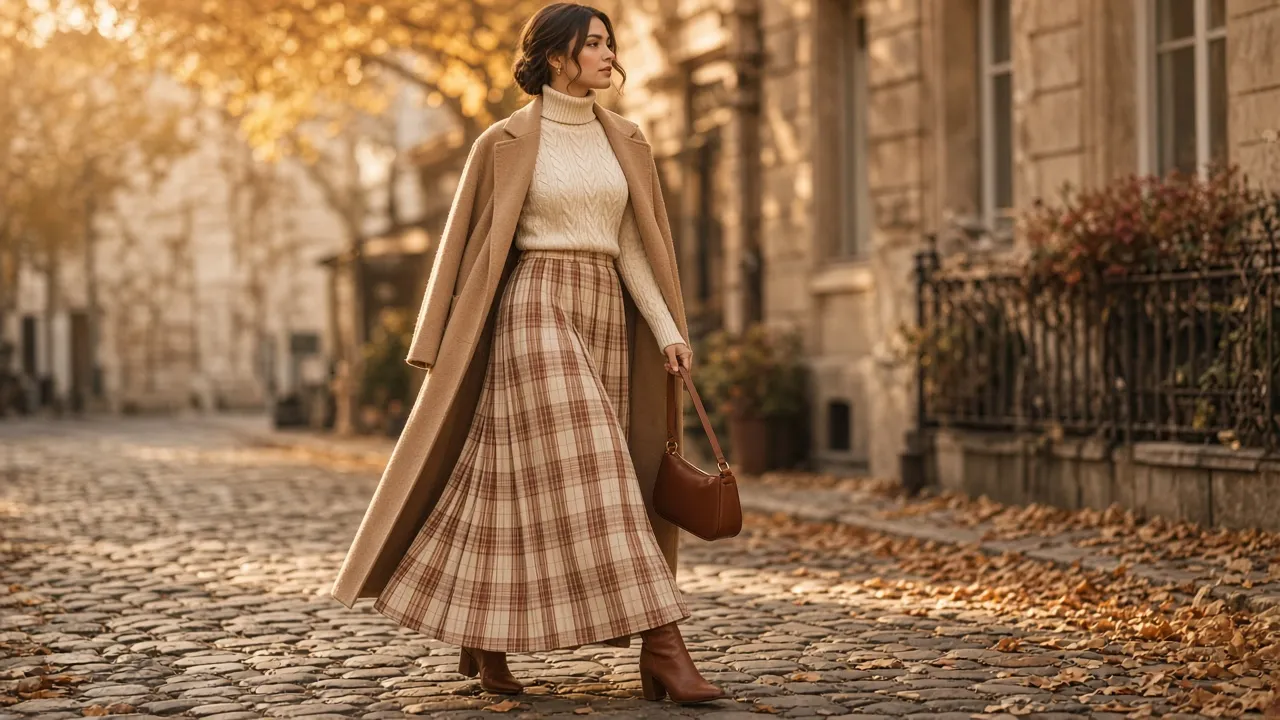 Woman walking on an autumn cobblestone street in a long pleated camel and cream plaid maxi skirt, a cream cable-knit turtleneck, a long camel coat and brown ankle boots