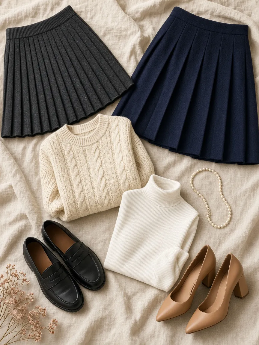 Flat lay of a charcoal knit pleated skirt, navy box-pleat wool skirt, cream cable sweater, white turtleneck, black loafers, tan block heels and a pearl necklace