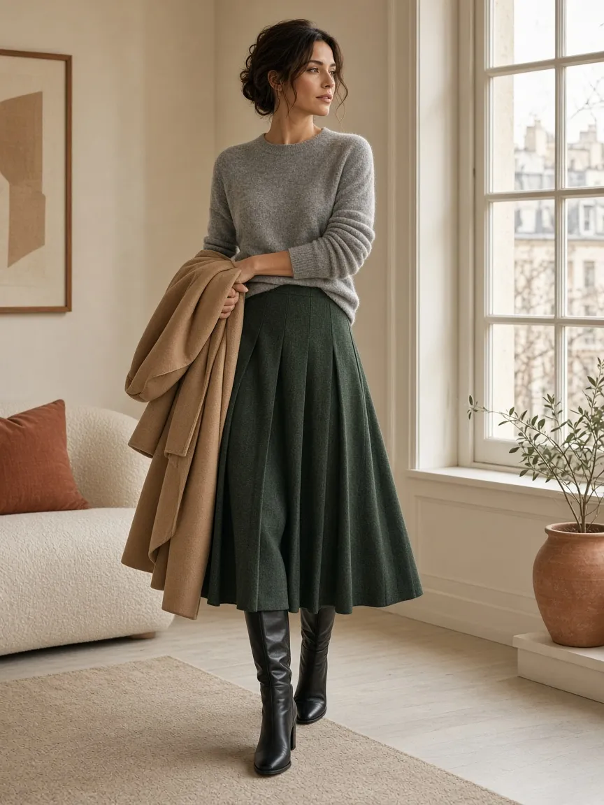 Woman by a window in a forest green pleated wool midi skirt, grey crewneck sweater and black knee-high boots, holding a camel coat