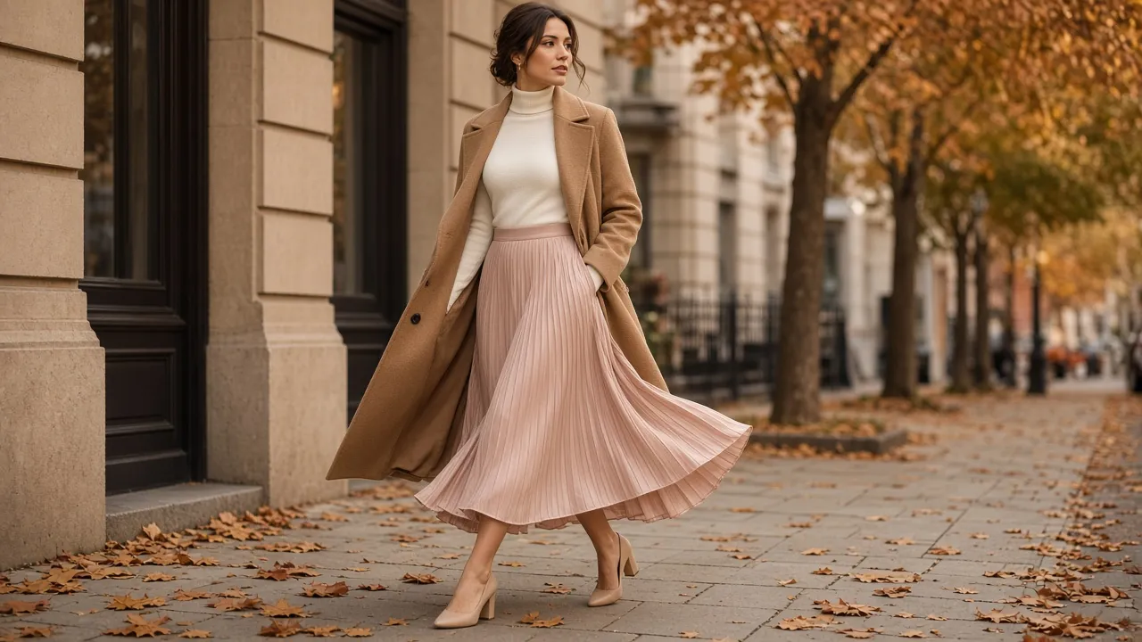 Woman walking on an autumn sidewalk in a blush accordion-pleated midi skirt, ivory turtleneck sweater, open camel coat and nude block-heel pumps