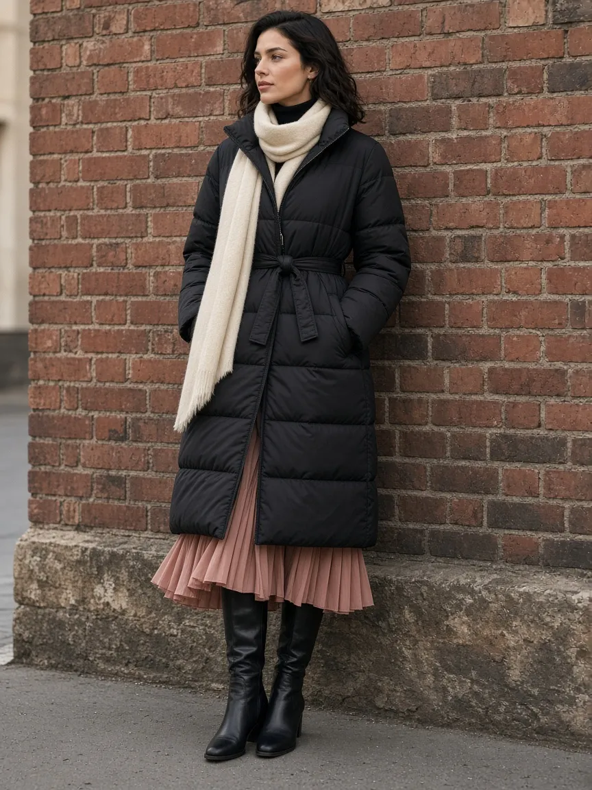 Woman by a brick wall in a long black belted puffer coat with an ivory scarf, a blush pleated midi skirt and black knee-high boots
