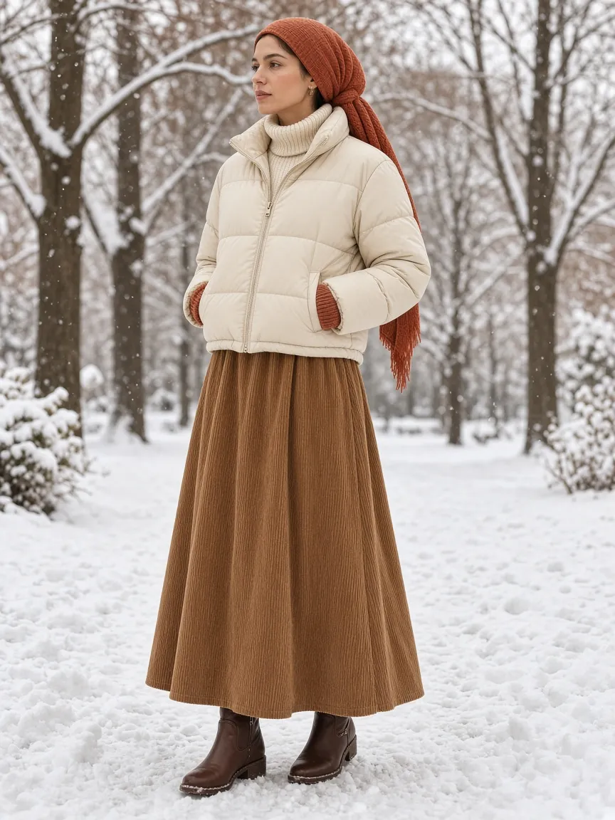 Woman in a snowy park in a cropped cream puffer jacket, camel corduroy maxi skirt, brown ankle boots and a terracotta knit headscarf