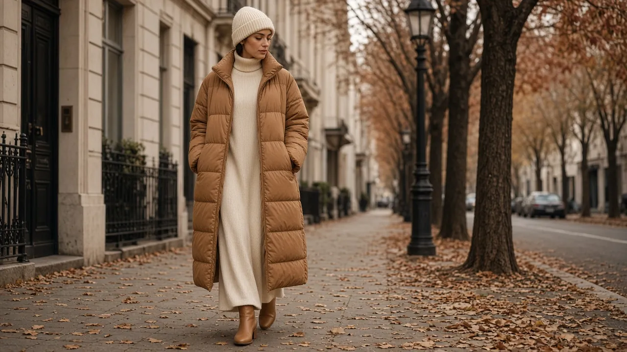 Woman walking down an autumn street in a long camel puffer coat over a cream knit maxi dress, tan ankle boots and a cream beanie