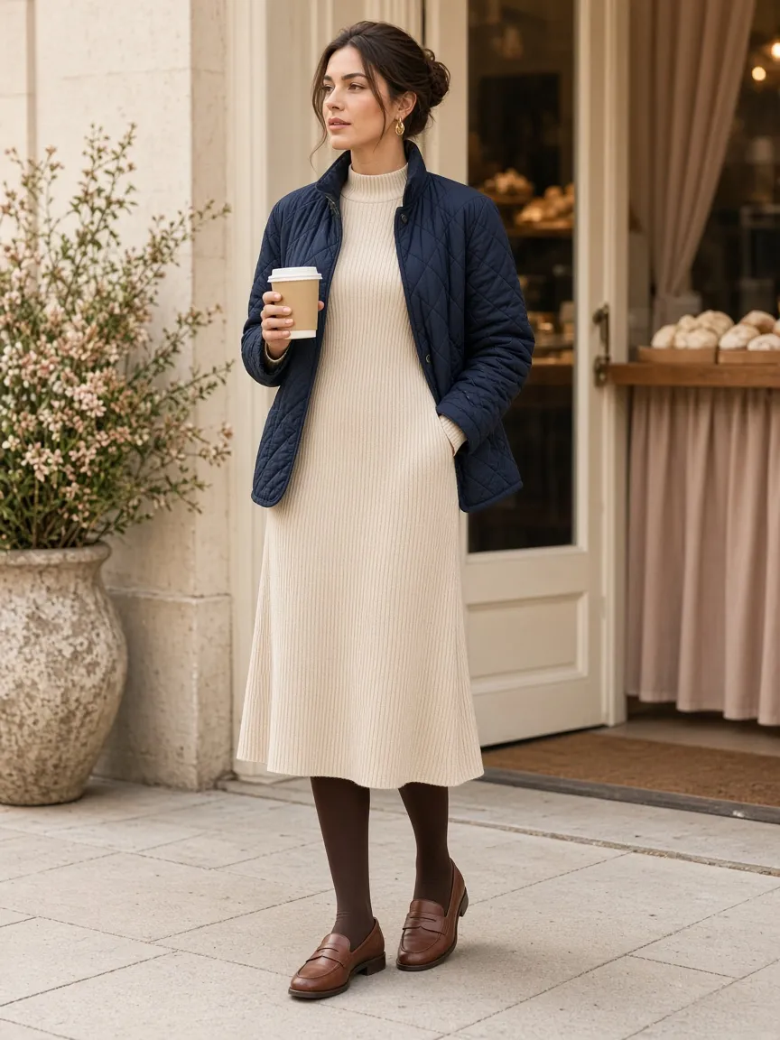 Woman in a navy quilted jacket over a long-sleeve cream ribbed sweater dress with brown tights and loafers, holding a coffee outside a bakery