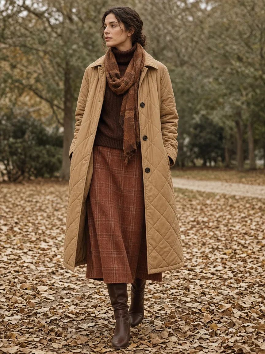 Woman in a long tan quilted coat with a chocolate turtleneck, terracotta plaid maxi skirt, plaid scarf and knee-high boots in a park of fallen leaves