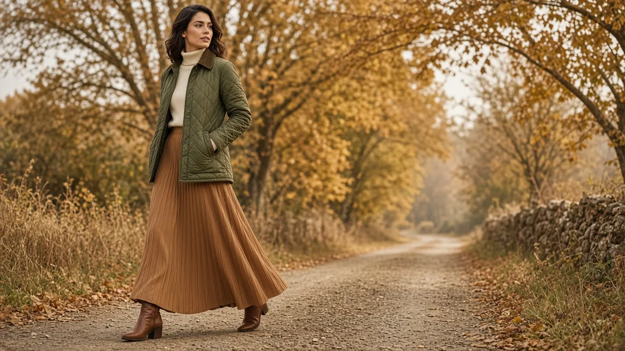 Woman in an olive diamond-quilted jacket over a cream turtleneck and a long camel pleated maxi skirt with brown ankle boots on an autumn country lane