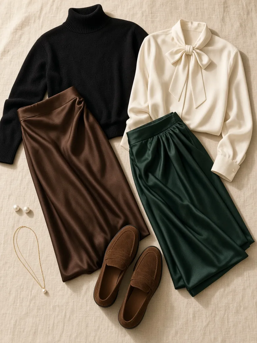 Flat lay of a long chocolate brown satin skirt and a deep green satin skirt with a black turtleneck, an ivory bow-collar blouse, brown suede loafers, pearl studs and a thin gold chain