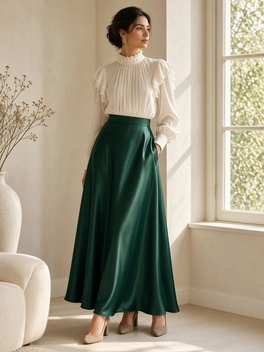 Woman by a sunny window in an ivory high-neck ruffle blouse tucked into a long deep green satin skirt with taupe block heels
