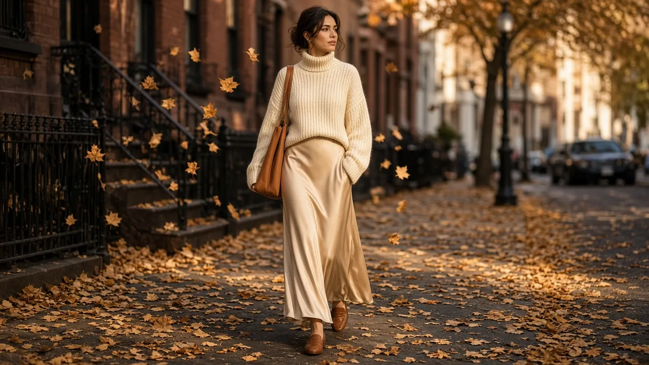 Woman walking on an autumn city street in a chunky cream knit sweater tucked into a long champagne satin skirt, brown loafers and a camel tote
